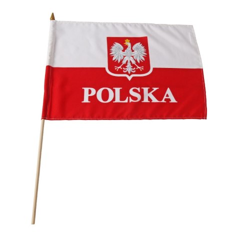 Flaga POLSKA 30x40 cm z uchwytem drewnianym z godlem